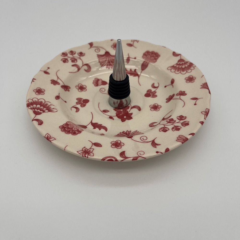 Libbey Handmade Ceramic Ring Holder Dresser Tray Red Floral Chintz 6in